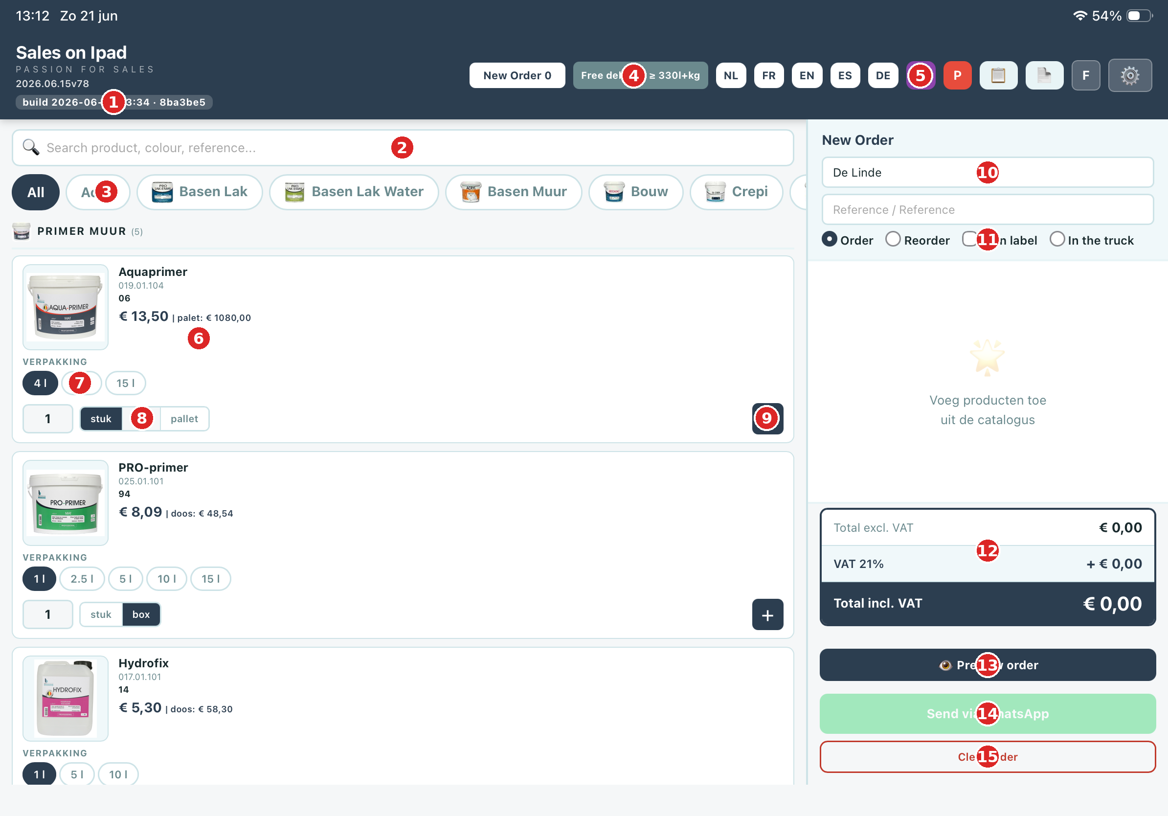 Overview of the SalesOnIPad order screen with 15 numbered features